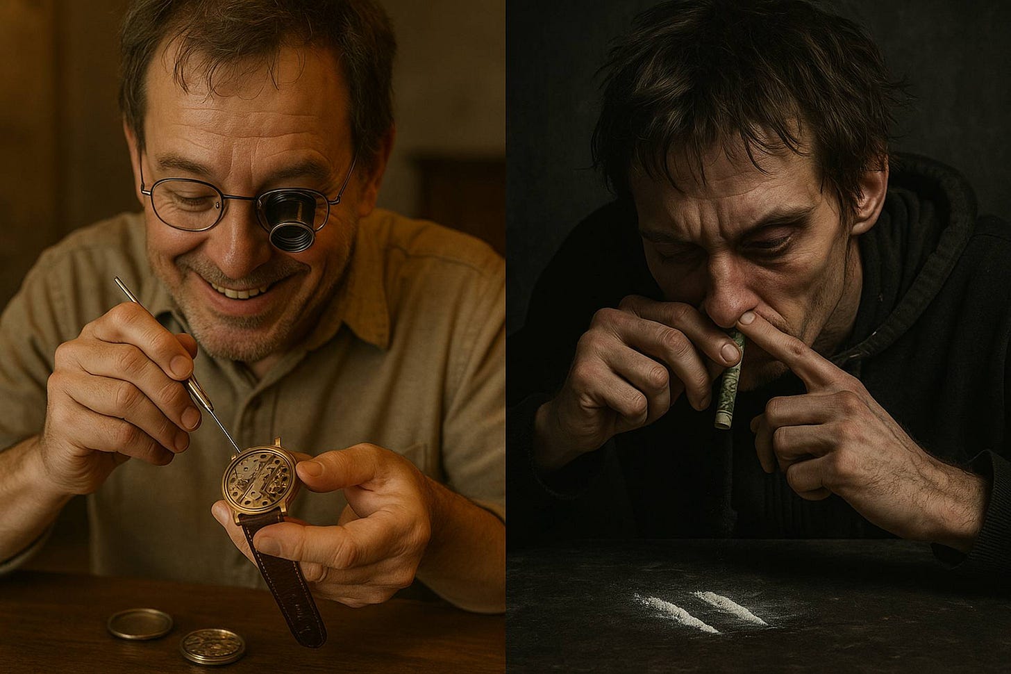 Split image showing two men: one carefully repairing a watch, symbolizing healthy tweaking; the other snorting a substance, representing harmful addiction. Split image showing two men: one carefully repairing a watch, symbolizing healthy tweaking; the other snorting a substance, representing harmful addiction.
