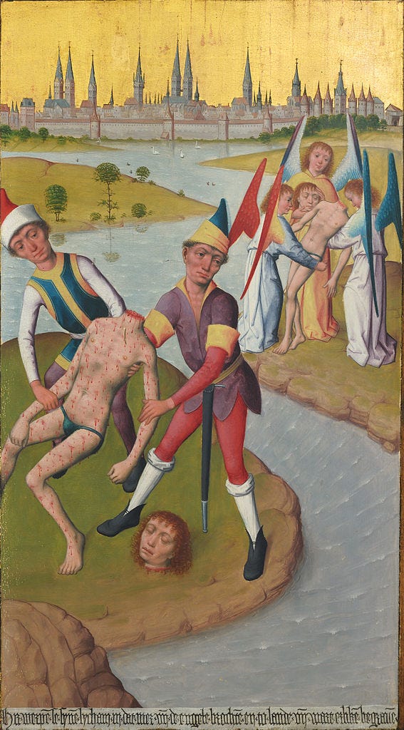 Scene depicting the death of St Victor, from the Saints Nicholas and Victor alterpiece by Hermen Rode Scene depicting the death of St Victor, from the Saints Nicholas and Victor alterpiece by Hermen Rode