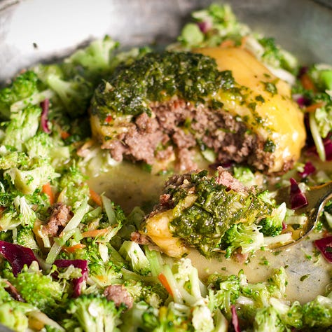 Hamburger bowls, Steak bowls, Chimichurri steak sandwiches, Chimichurri steak fries, Flank steak with chimichurri, Fried summer squash, Vegetarian chili, and Chicken nachos with chimichurri.