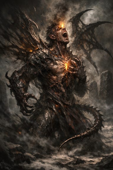 Rahadin mid-transformation into monstrous form