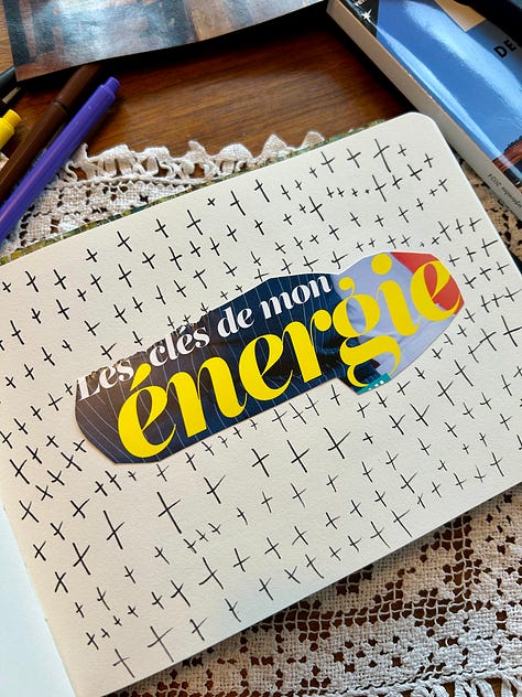 Photos of the journal of Karen Bussen, with magazine clippings, water color tries and notes