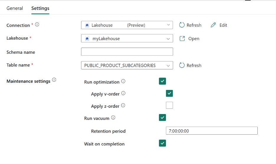 Lakehouse Maintenance activity Settings