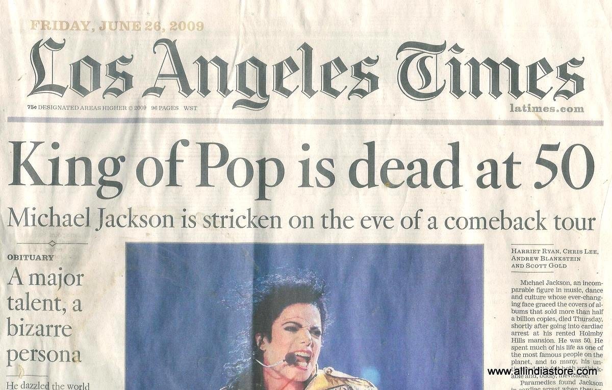 Amazon.com: Michael Jackson Friday 6/26/2009 Los Angeles Times Newspaper  get your copy of the LA Times with the terrible news of the death of the  King ...