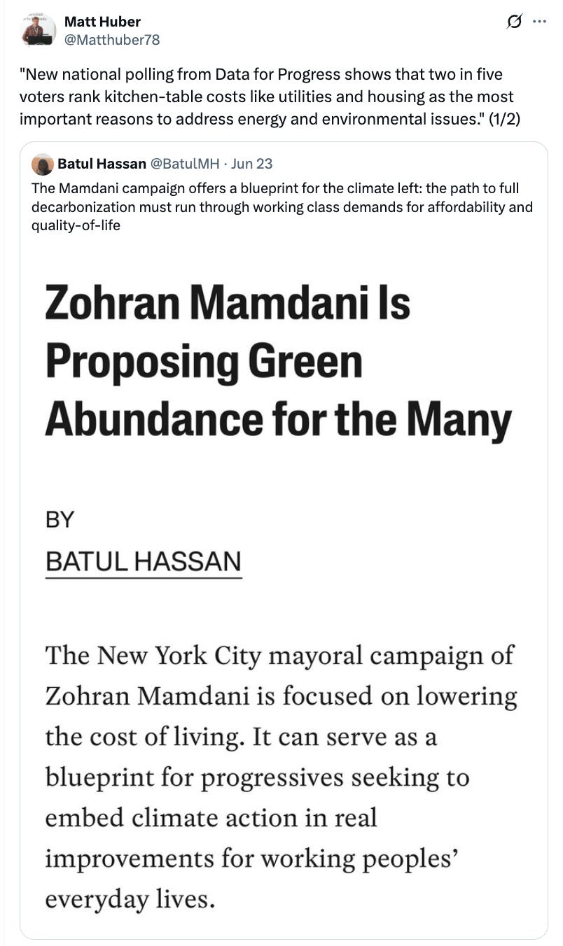 Tweet from Matt Huber: ""New national polling from Data for Progress shows that two in five voters rank kitchen-table costs like utilities and housing as the most important reasons to address energy and environmental issues." (1/2)"