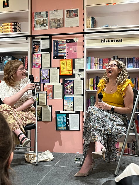 left: the outside of the Ripped Bodice Bookstore in Brooklyn with its iconic pink exterior; center: Rachel in conversation with Jessica Saunders; right: Rachel seated and holding up a copy of WHIA and me standing next to her posing for a picture