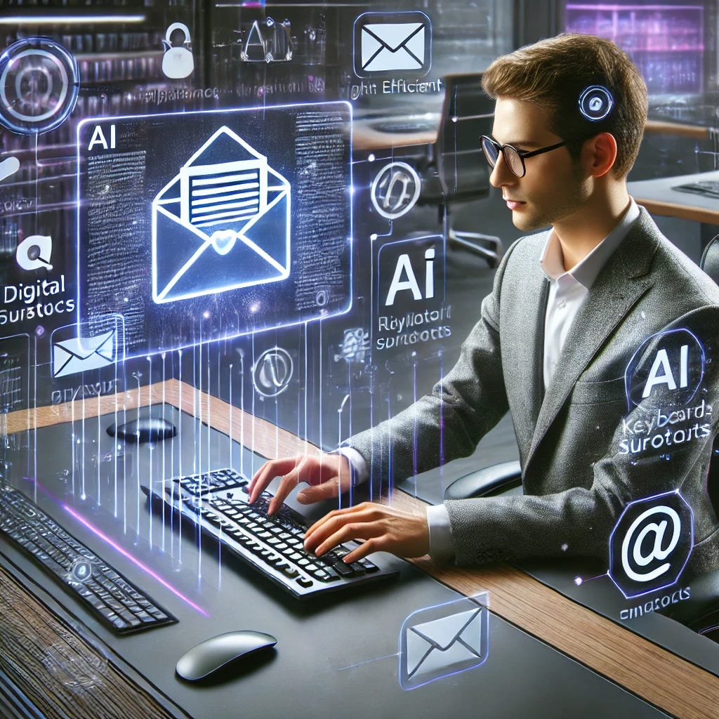 A techie efficiently managing an AI-powered email service in a futuristic setting. The person is sitting at a modern, sleek desk with a holographic laptop screen displaying a highly efficient and visually stunning email interface. Their hands are actively using keyboard shortcuts, with visual cues of shortcuts being activated. The surrounding environment includes AI elements like digital assistants and floating data icons, keyboards, and email symbols. The background features a high-tech office with advanced technology, clean lines, and a minimalist design, with prominent use of the color purple to emphasize innovation and productivity.