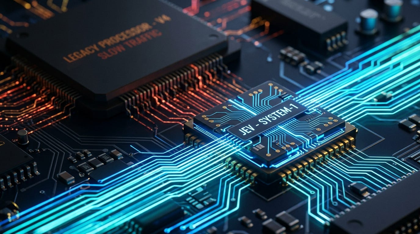 Cận cảnh một con chip máy tính hiện đại có khắc chữ "JEV - SYSTEM-1", với các luồng dữ liệu ánh sáng di chuyển cực nhanh qua nó.