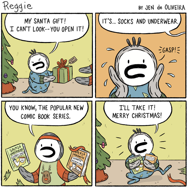 Reggie opens up a present under the Christmas tree. It’s socks and underwear the book series! He hugs the books and says I’ll take it.