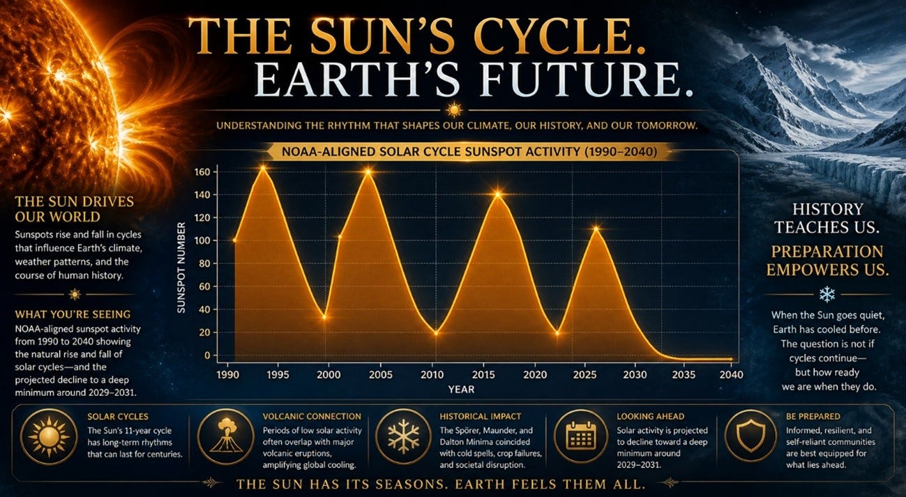 Solar cycle chart showing declining sunspot activity and future minimum