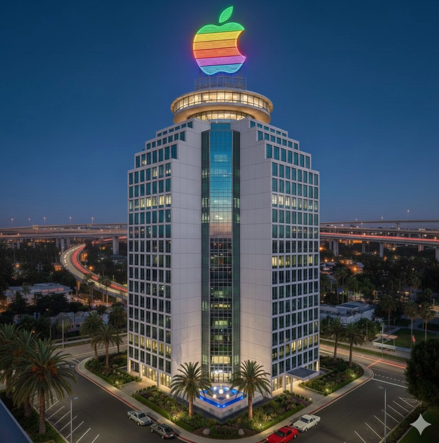 Imaginary Apple high-rise building with six-color lit-up logo on top.
