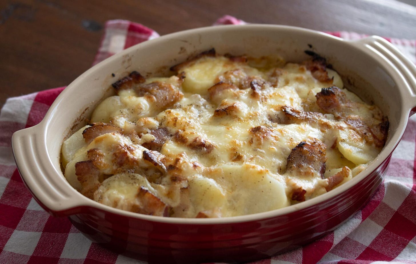 bacon, onions, raclette potato gratin tartiflette