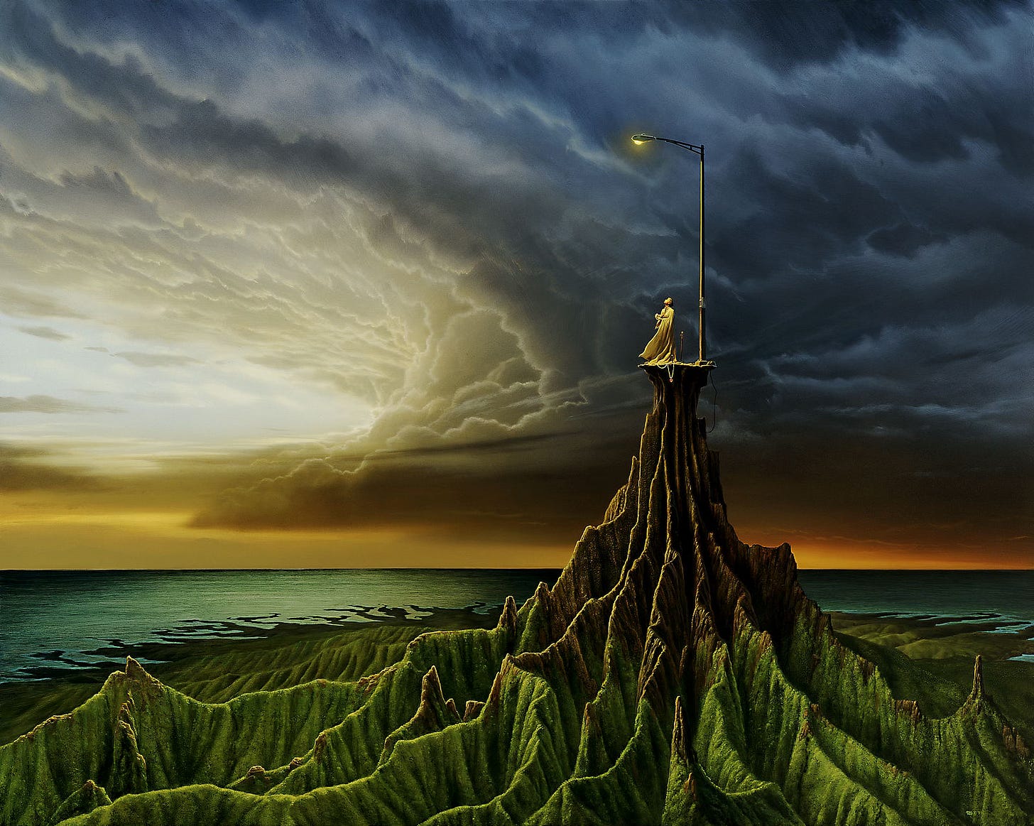 A solitary figure in white robes stands beneath a streetlight on an eroding cone of earth. In her hands she cradles the spiral of an ammonite fossil as she stares up at the yellow light. There is barely any platform left to stand on as the peak descends in thin winding ridges, bare rock at the peak but mossy and green at the base of the eroded mountain. A heart on a chain dangles off the edge. The sky beyond billows in violent potential with the horizon painted a gradient of pale to vibrant orange. Land parts to sea in fractal-like tendrils, receding to black water except where it glistens green from light filtering through the storm front's edge. A solitary figure in white robes stands beneath a streetlight on an eroding cone of earth. In her hands she cradles the spiral of an ammonite fossil as she stares up at the yellow light. There is barely any platform left to stand on as the peak descends in thin winding ridges, bare rock at the peak but mossy and green at the base of the eroded mountain. A heart on a chain dangles off the edge. The sky beyond billows in violent potential with the horizon painted a gradient of pale to vibrant orange. Land parts to sea in fractal-like tendrils, receding to black water except where it glistens green from light filtering through the storm front's edge.
