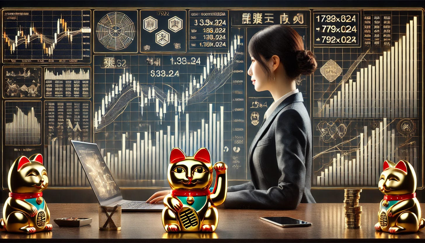 A professional and elegant Chinese woman in a modern office setting, analyzing stock market data on her laptop. The perspective is rotated so that we clearly see the financial chart displayed on her screen, which features stock trends, candlestick patterns, and market indicators. A golden Chinese Lucky Cat (Maneki Neko) sits on her desk, facing both the woman and the viewer, raising its paw for good fortune. The background subtly integrates financial market elements, reinforcing the theme of investment and prosperity. The image is in a rectangular format (1792x1024) with a well-balanced and sophisticated composition.