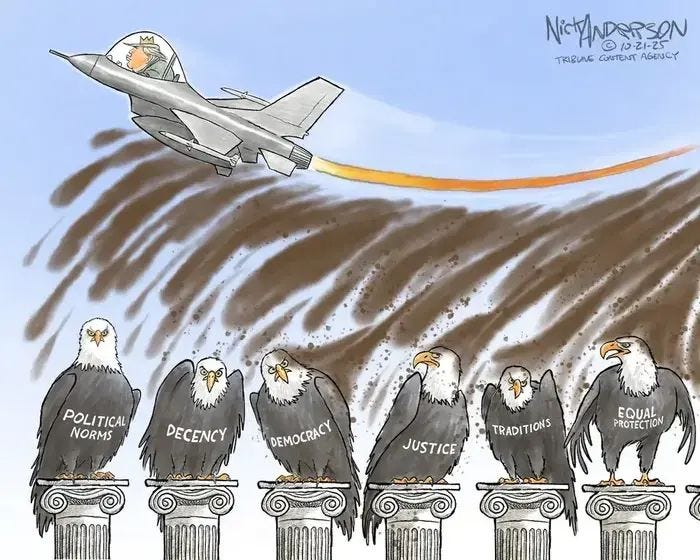 Cartoon by Nick Anderson:

A recreation of a meme actually posted by Trump, with the Toddler King, wearing a crown, is piloting a jet while releasing excrement in a spray over all his enemies, specifically (as symbolized by bald eagles atop pedestals) - 'POLITICAL NORMS' - 'DECENCY' - 'DEMOCRACY' - 'JUSTICE' - 'TRADITIONS' - 'EQUAL PROTECTION'