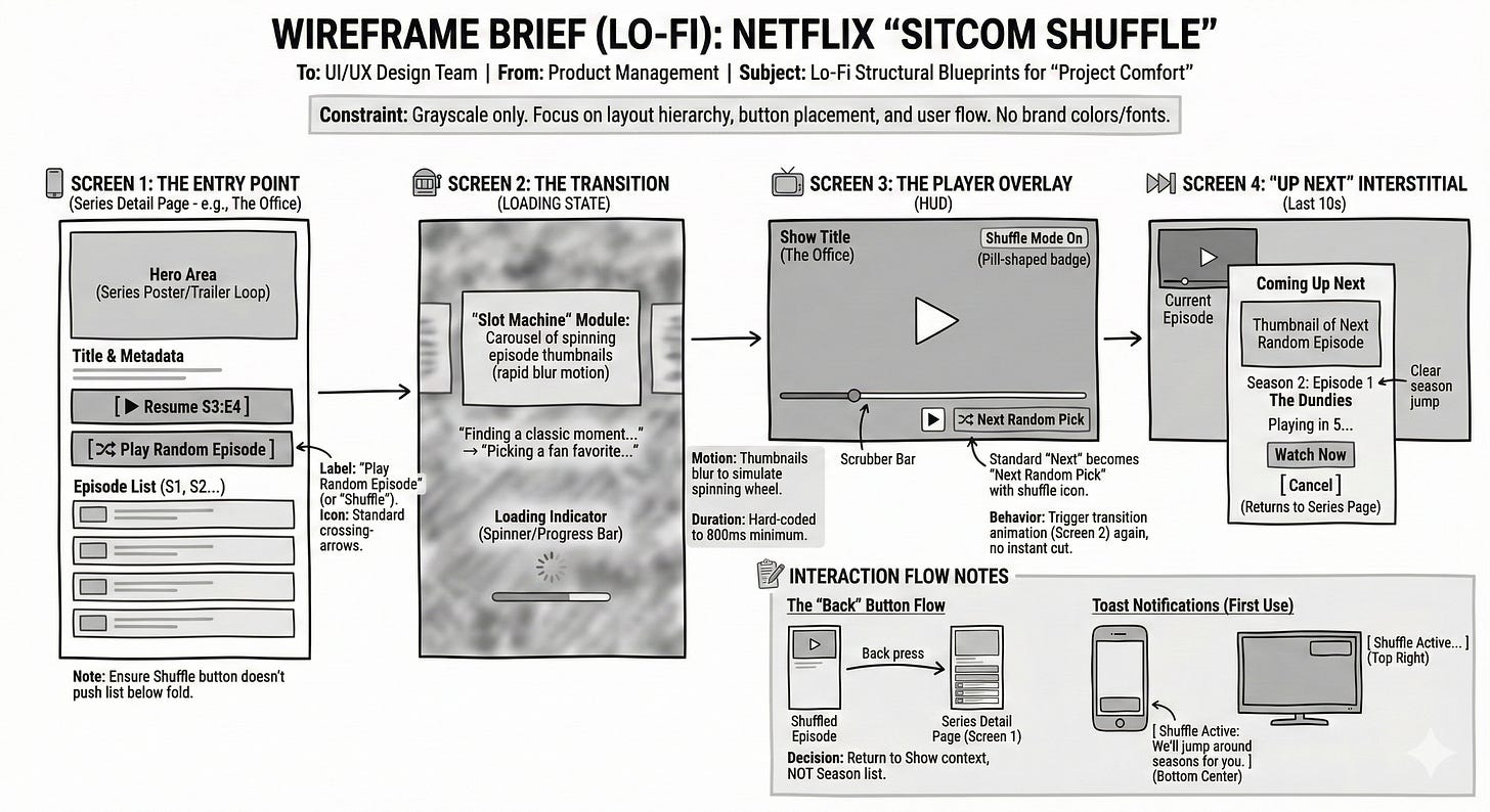 Grayscale sketches of four interface screens showing the user flow from the Series Page to the Video Player.