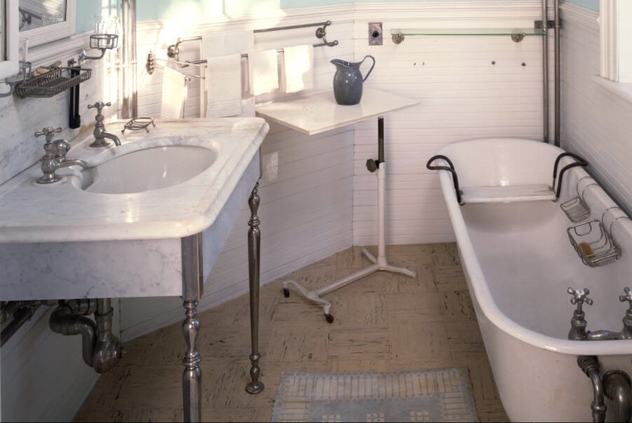 Late 19th century bathroom at the Codman House. Photo via Historic New England Late 19th century bathroom at the Codman House. Photo via Historic New England