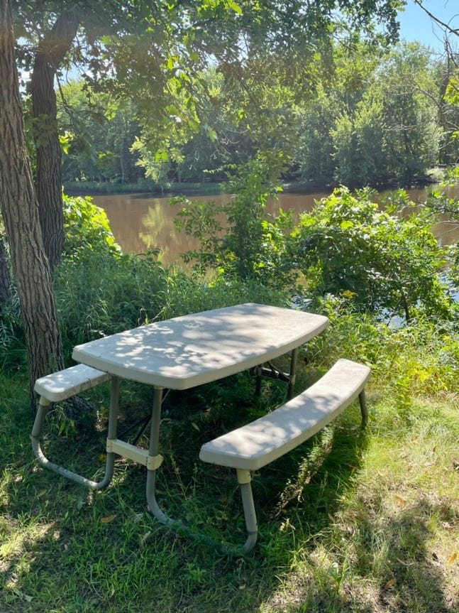 A picnic table and bench in a grassy area

Description automatically generated