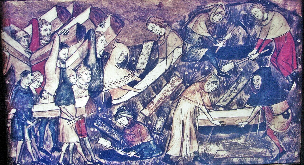 Hooded men carrying coffins and burying plague victims in a mass grave at Tournai during the Black Death, 1349