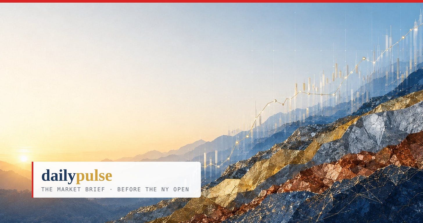 Daily Pulse cover — gold, silver and copper rock strata under a rising line: oil at $107 and the energy stocks that stopped following it