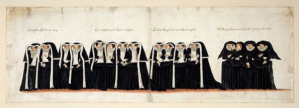 engraving of funeral procession showing woman in groups wearing black mourning dress