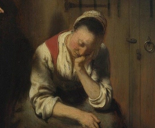 Imagen: The Idle Servant (Moza durmiendo y criada, National Gallery de Londres, óleo de Nicolaes Maes). Licencia de Wikimedia Commons