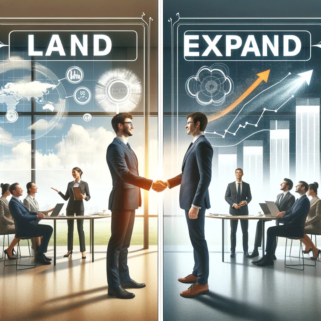 A split image with the left side labeled 'Land' and the right side labeled 'Expand'. On the 'Land' side, a software sales representative is seen shaking hands with a new client in a modern office setting, symbolizing a successful new customer acquisition. On the 'Expand' side, the same representative is presenting a growth plan to a group of clients, with charts and graphs displayed on a screen, indicating ongoing expansion and upselling efforts. The atmosphere is professional and optimistic.