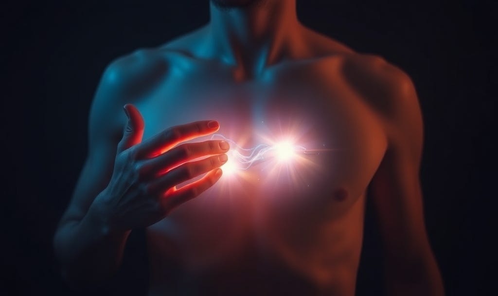 The light trail/stream flowing away from the chest/heart area visually captures the exact essence of the Reset Process — acknowledging the trigger (holding the glow), then gently releasing/dissolving it (the trail outward). It mirrors Dave's "unload the gun" metaphor through energy release rather than anything literal, tying directly to forgiveness, nervous system calm, and emotional freedom.