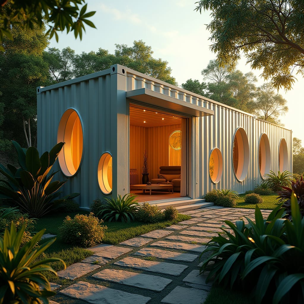 A sleek, 2 bedroom modern Jamaican container home with a bold, futuristic aesthetic, set amidst a lush, tropical landscape, illuminated by warm, golden light pouring in through numerous large, rounded openings, casting dramatic shadows on the interior walls. The container's metallic surfaces gleam with a subtle sheen, while the surrounding foliage is vibrant and lush, with hints of colorful tropical flowers.