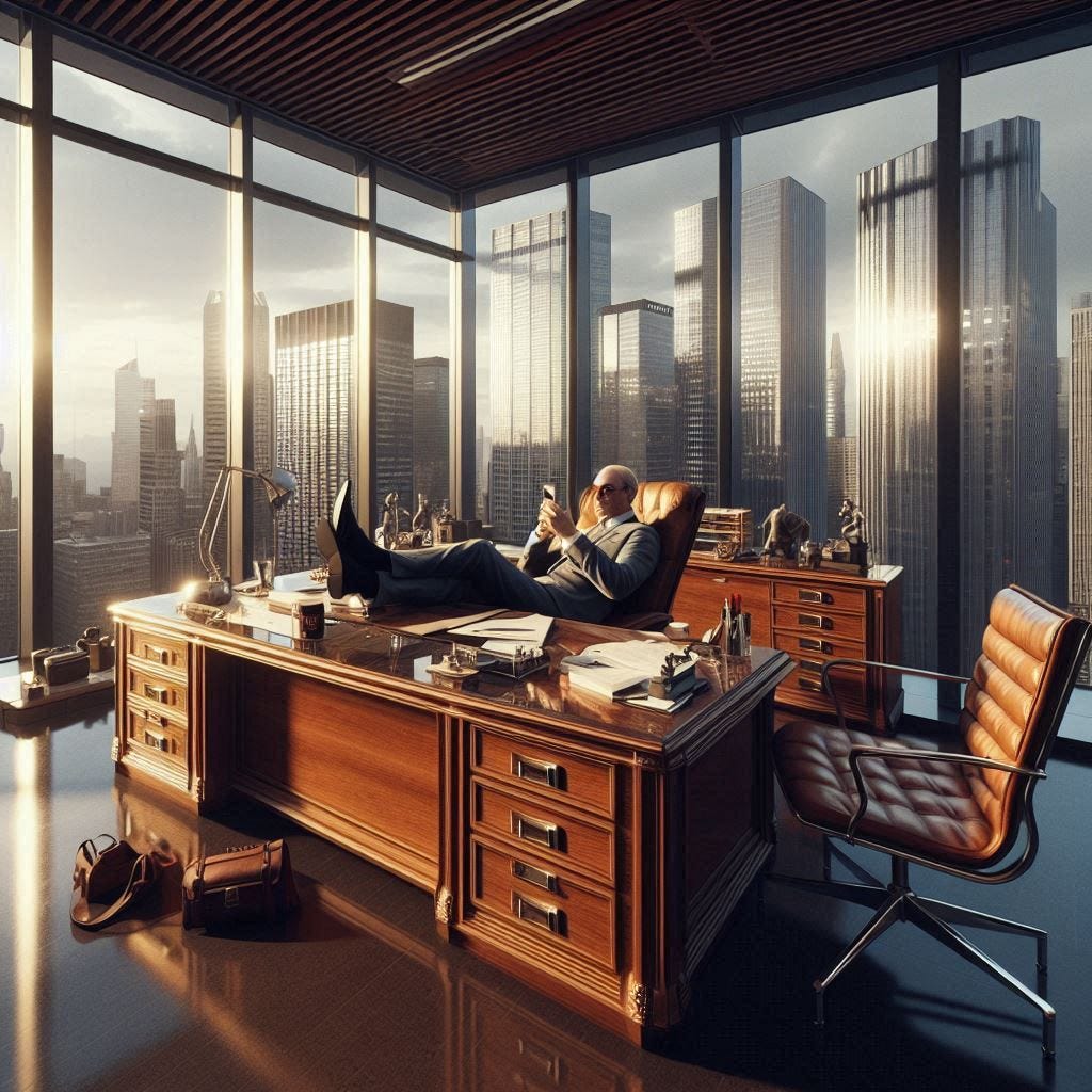 An office high rise in Manhattan, looking at a desk in front of an entire wall made of glass. The office is made up of equal parts old oak, chrome, and leather. There we find Lester Loveless, PR Manager for the League of Evil, feet up on his mahogany desk, taking a business call. Done in a photrealistic style An office high rise in Manhattan, looking at a desk in front of an entire wall made of glass. The office is made up of equal parts old oak, chrome, and leather. There we find Lester Loveless, PR Manager for the League of Evil, feet up on his mahogany desk, taking a business call. Done in a photrealistic style