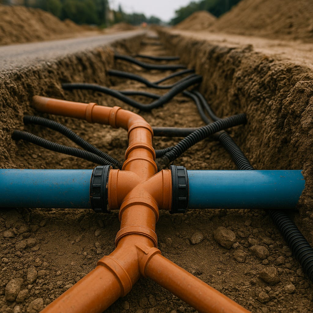 Underground view of water and sewer pipes beneath a road under construction, representing the hidden infrastructure funded by development charges.