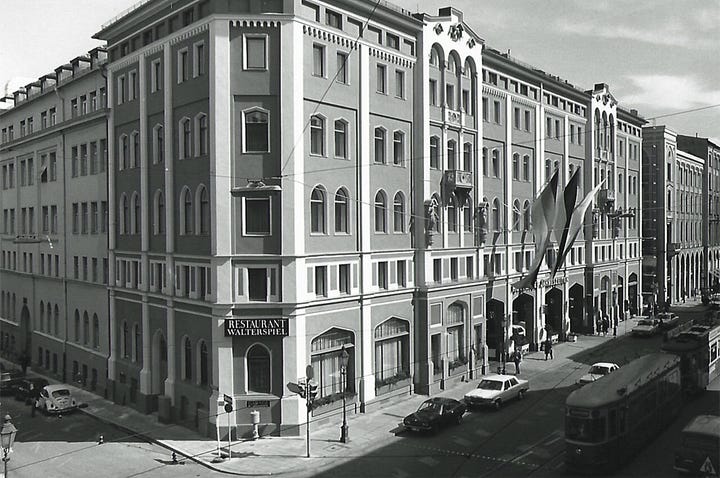 Photos of the Munich Sendling Großmarkthalle Gaststätte and the Hotel Vier Jahreszeiten, Munich