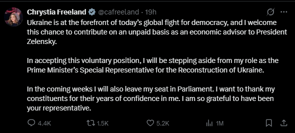 Chrystia Freeland announces her new role as an unpaid economic advisor to President Zelensky while stepping down from her parliamentary position to support Ukraine's reconstruction efforts.