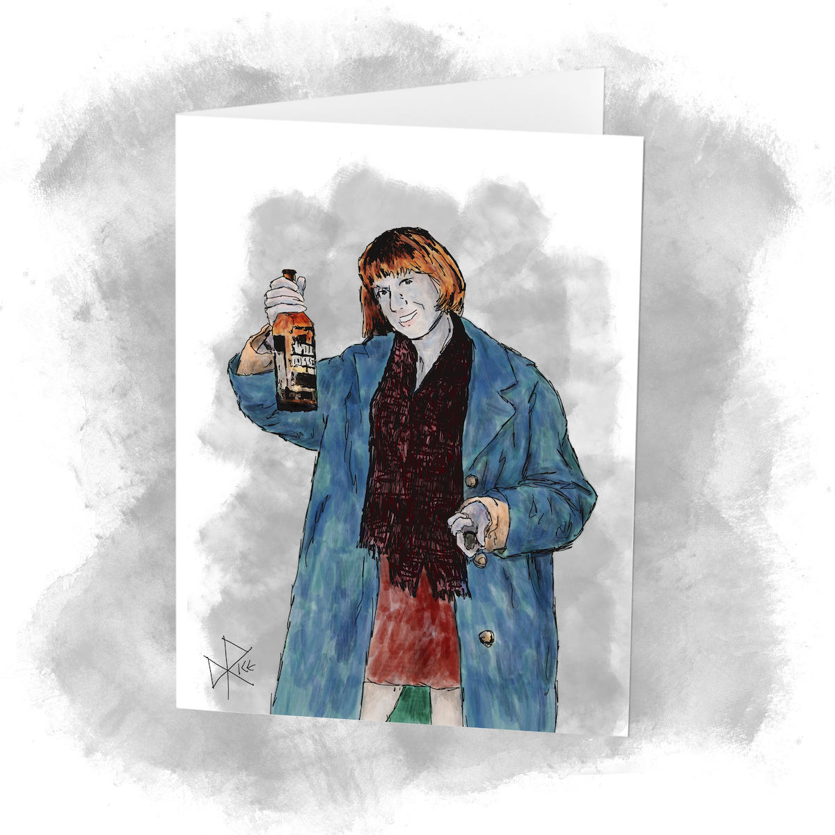 A young woman arriving to a late autumn backyard bonfire party, happy to both imbibe and share the brown liquor that she has brought with her. Sketch art by Don Rice.