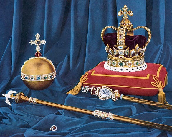 Current primary Crown Jewels of the United Kingdom (photographed in late 1952 ahead of the coronation of Elizabeth II)