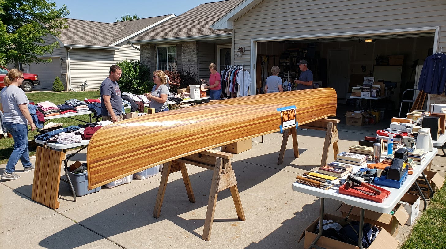 A garage sale, with a cedar-strip canoe hull lying across two sawhorses