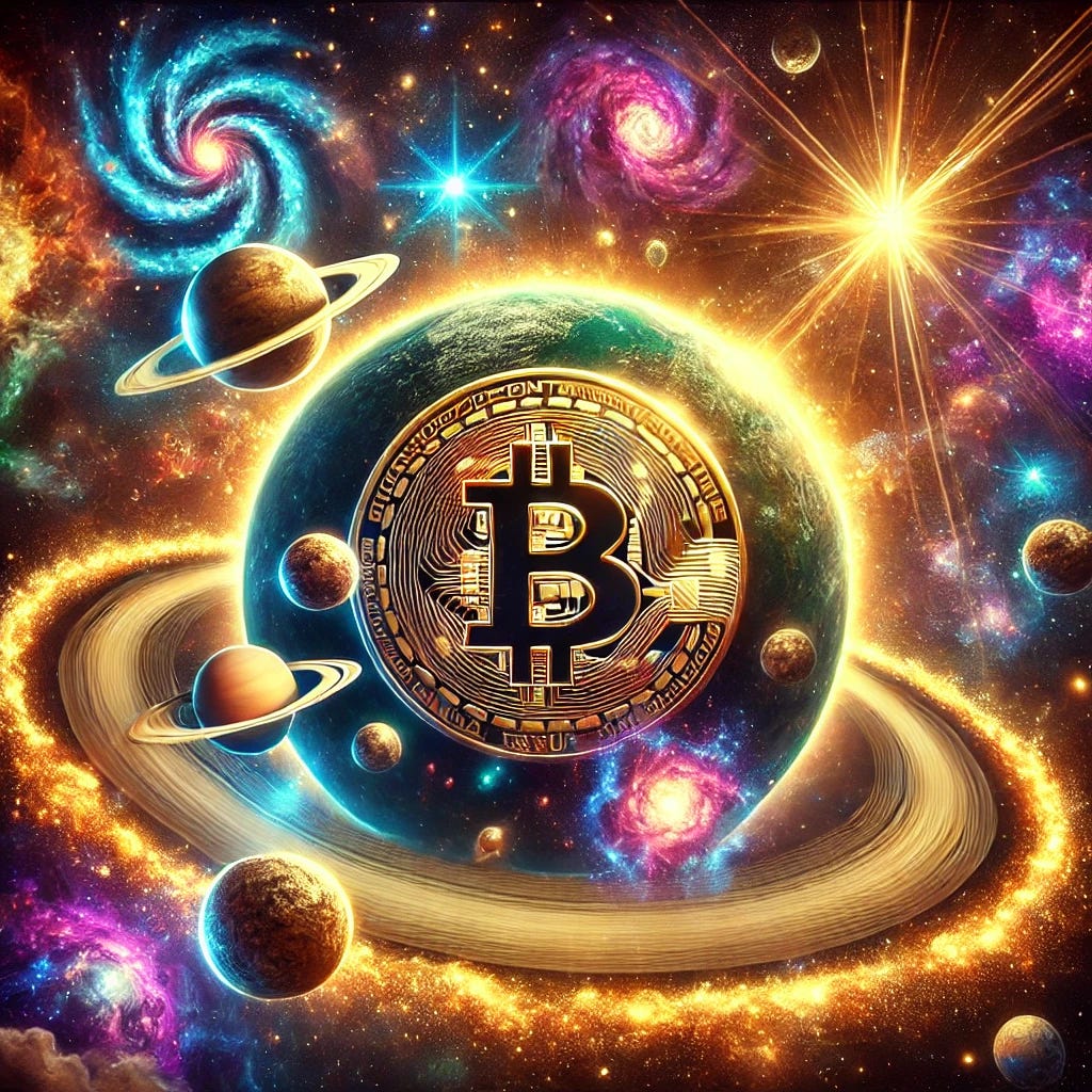 An enhanced celestial-themed Bitcoin illustration featuring the planet Saturn as the center, with the Bitcoin logo prominently displayed. The surrounding skies are glowing brightly with a dynamic, colorful cosmic scene. Galaxies are intensified with rich, vivid colors like deep purples, electric blues, and fiery golds. Intricate nebula patterns and sparkling star clusters add depth and detail. Orbiting planets, glowing asteroid belts, and swirling cosmic clouds surround the scene. Shimmering light rays and lens flares emphasize the energy radiating from the Bitcoin symbol, creating a luminous, ethereal quality.