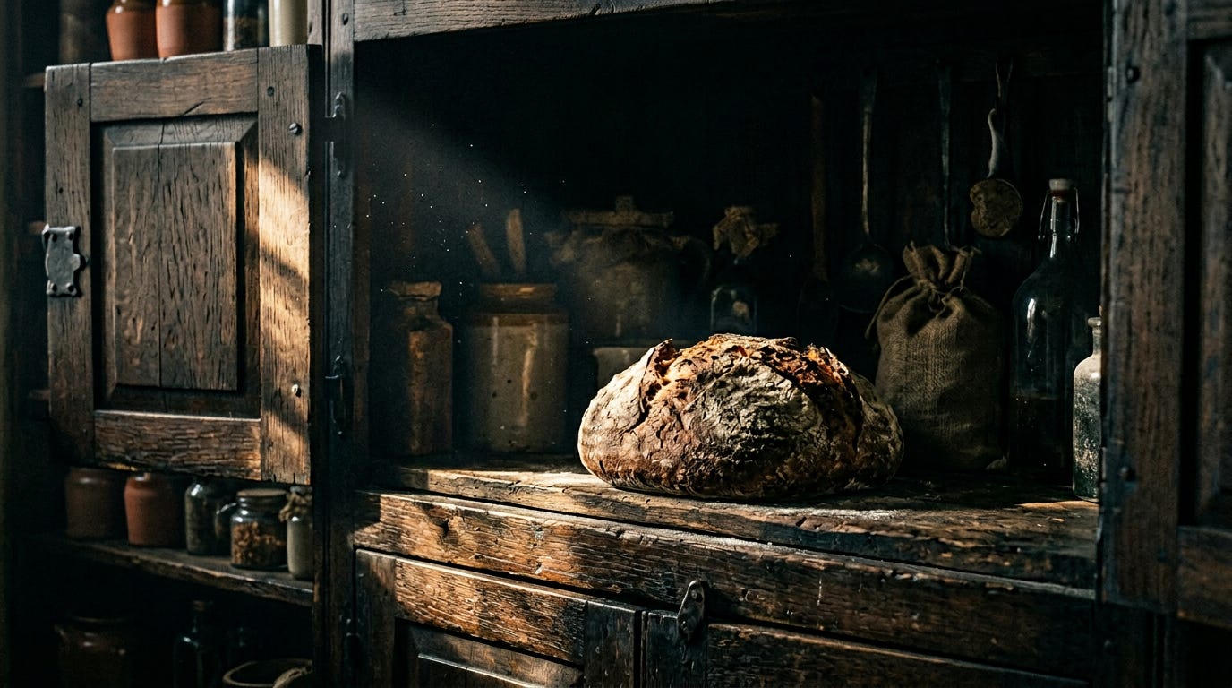 A dramatically lit, rustic wooden cupboard containing a single loaf of bread, captured in a high-contrast cinematic noir style with deep shadows. A dramatically lit, rustic wooden cupboard containing a single loaf of bread, captured in a high-contrast cinematic noir style with deep shadows.