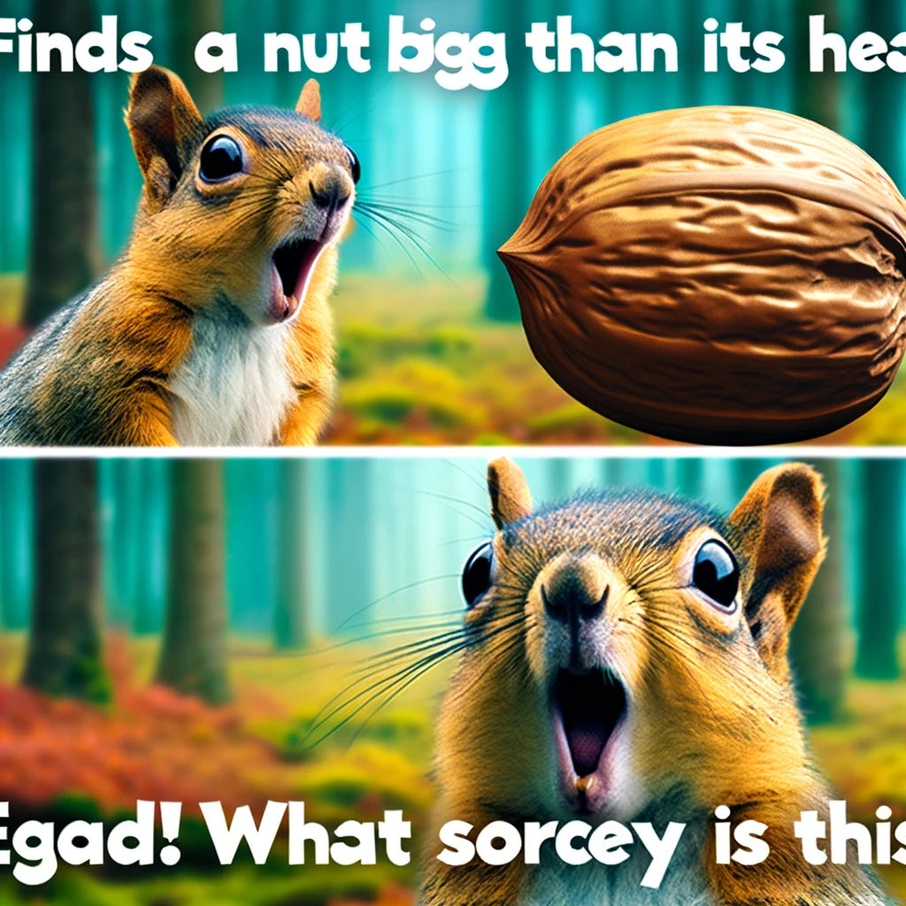 Create an image of a cartoon squirrel standing on its hind legs, with its eyes wide and mouth agape in shock. In front of the squirrel is an enormous nut, significantly larger than the squirrel's head, to emphasize the cause of its astonishment. The background is a forest setting, adding to the natural habitat of the squirrel. The top of the image features the meme text, "Finds a nut bigger than its head," in a bold, playful font. The bottom adds, "Egad! What sorcery is this?" in the same style of font, capturing the humor and surprise of the moment. The text is white with a black outline for visibility against the colorful forest backdrop. This image should convey the humor and shock of discovering something unexpectedly large or impressive, perfectly encapsulated by the exclamation "egad."
