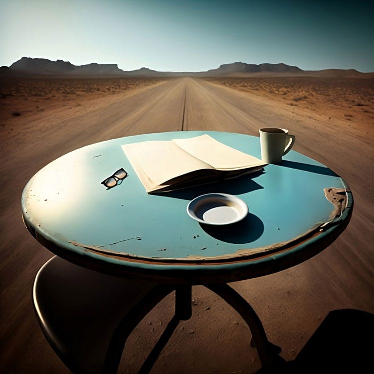 Table and writing notebook with coffee in the middel of a desert road.