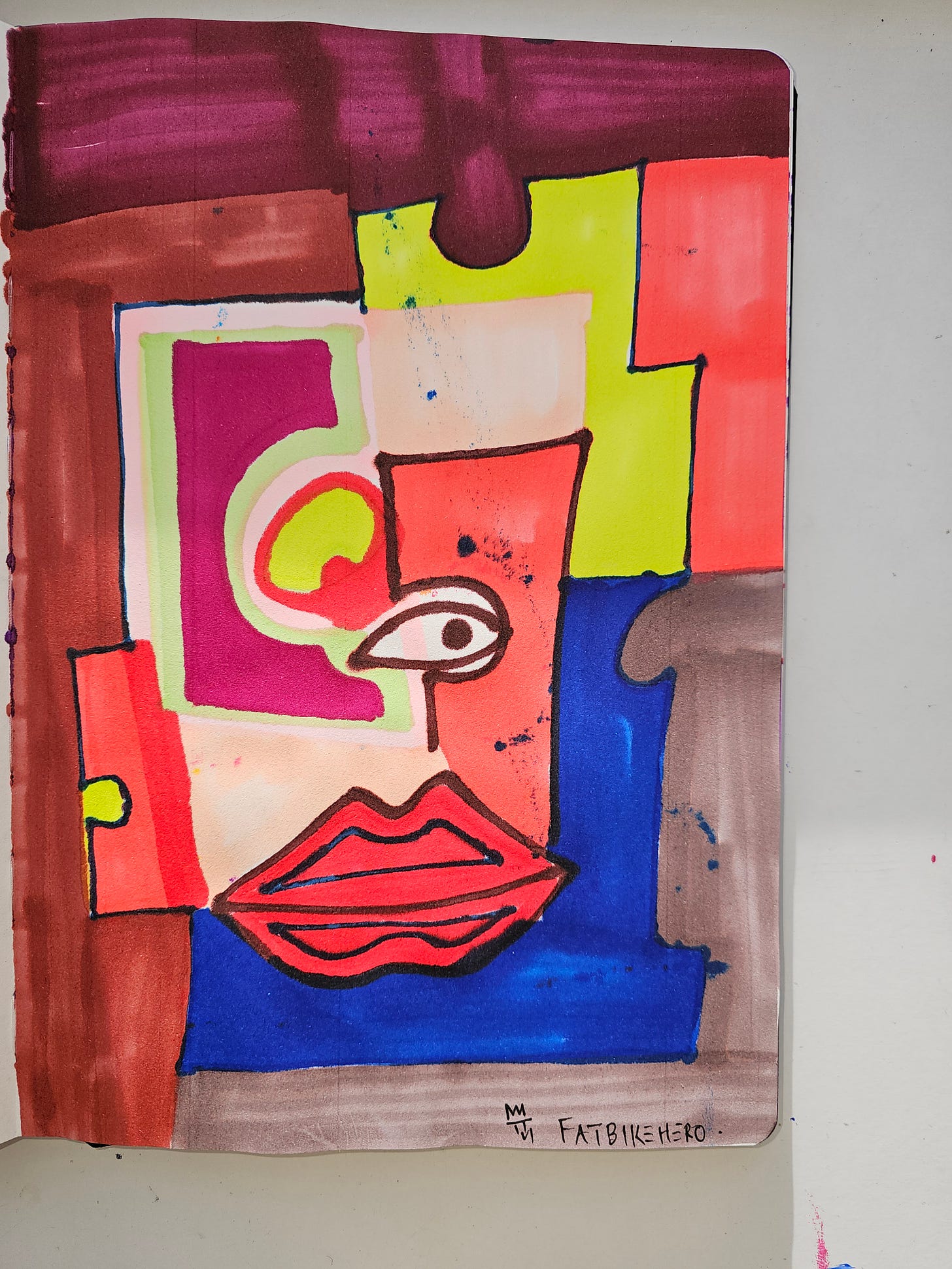 Human-made mixed-media artwork by FatbikeHero depicting a segmented, colorful face critiquing techno-messianism and AI power structures.