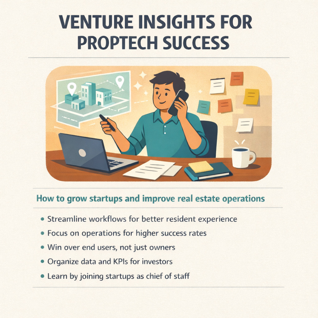Image showing a startup founder at a desk managing PropTech tasks with laptop, phone, sticky notes, and holographic map.