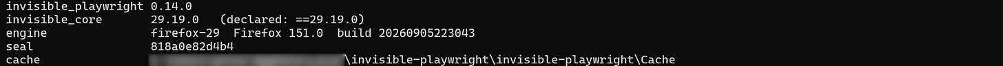 The output of the “invisible-playwright version” command The output of the “invisible-playwright version” command