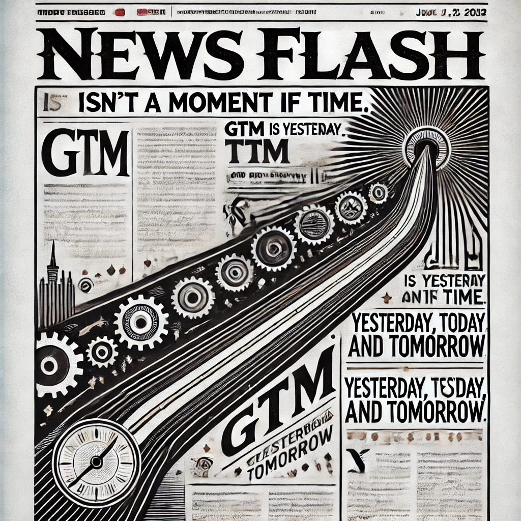 A stylised newspaper front page design with the headline 'NEWS FLASH: GTM isn’t a moment in time. GTM is yesterday, today, and tomorrow.' The layout features bold, vintage newspaper fonts for the headline, with smaller subheadings and placeholder article text around it. The center visual showcases a timeline flowing from the past to the future, with gears, dynamic action scenes, and symbols of growth. The colour scheme includes classic black, white, and shades of grey for a newspaper aesthetic, with a touch of modern vibrancy to highlight the concept of innovation.