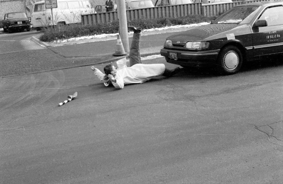An East German Stasi officer was knocked to the ground by a US Army reconnaissance vehicle outside the Stasi’s East Berlin headquarters — 1988 An East German Stasi officer was knocked to the ground by a US Army reconnaissance vehicle outside the Stasi’s East Berlin headquarters — 1988