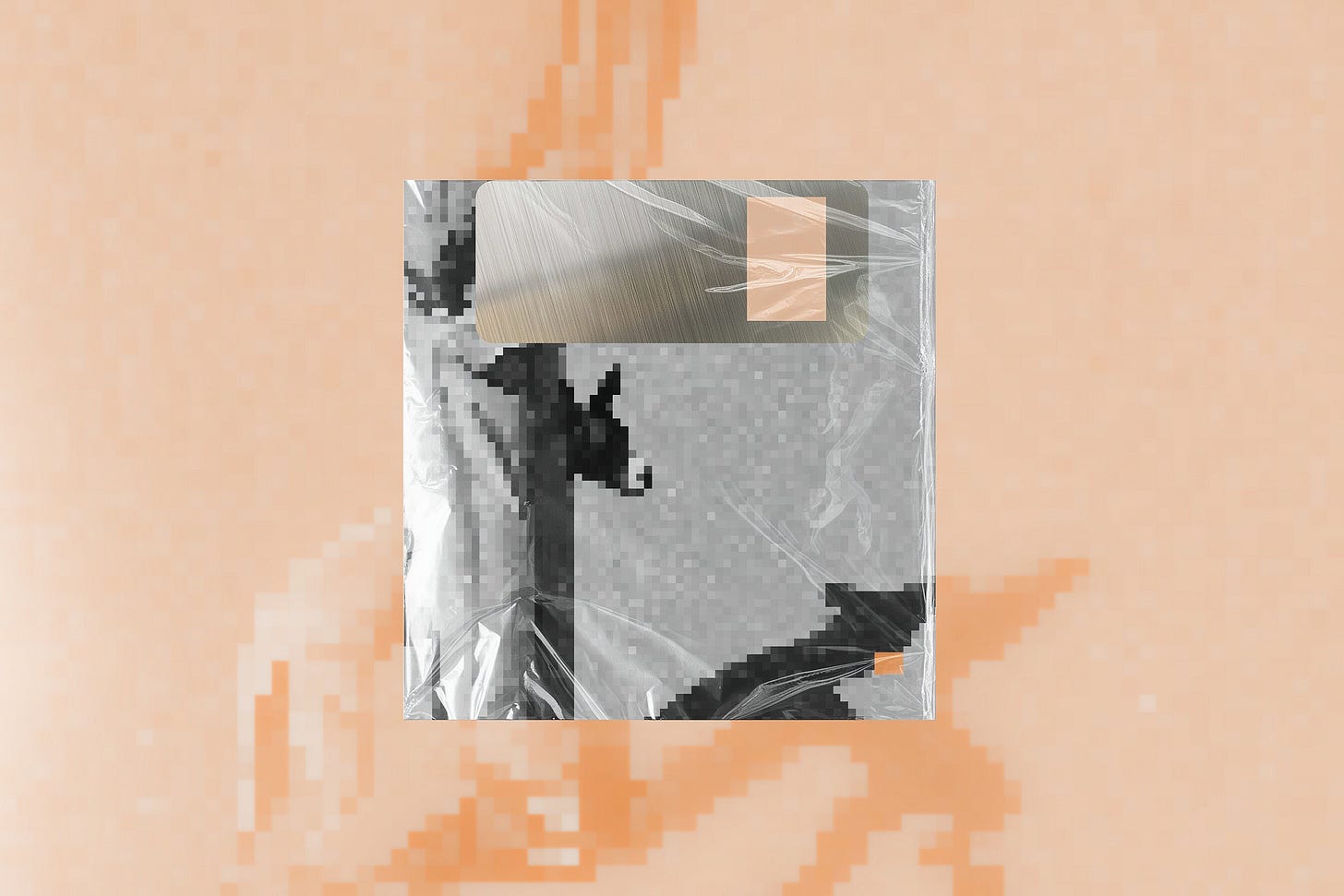 A tactile art layout featuring a square, 3.5-inch floppy disk inside a clear, creased plastic sleeve against a blurred background of blown-out, pixelated forms in shifting shades of peach and muted orange. The disk’s shell displays a low-resolution pixelated grayscale composition evoking a man and a dog, created for “Dog Holding Man.” Part of the Drawing Conclusions series at The Subtext Review.