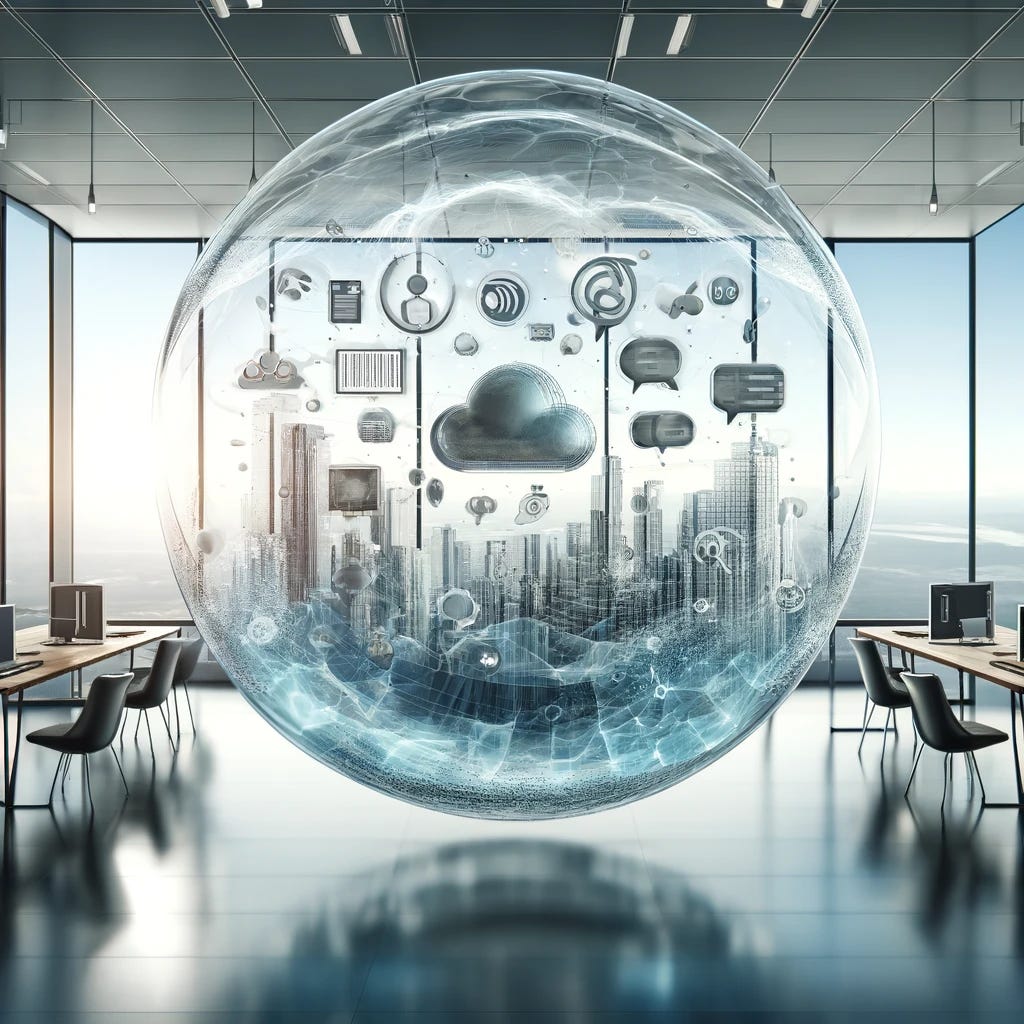 An abstract concept of communication in a corporate setting, depicted as a large, transparent, floating bubble in the middle of an office space. Inside the bubble, various symbols of communication such as speech bubbles, digital icons, and waves are dynamically interacting. The office environment is modern and sleek, with minimalist furniture and high-tech gadgets visible. The overall atmosphere conveys a theme of innovation and connectivity, emphasizing the importance of effective communication in business.