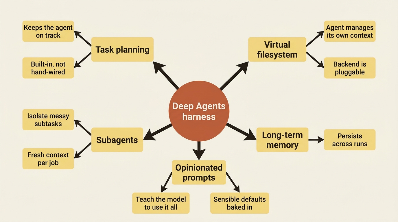 The Deep Agents harness bundles five capabilities: task planning, a virtual filesystem, subagents, long-term memory, and opinionated default prompts. The Deep Agents harness bundles five capabilities: task planning, a virtual filesystem, subagents, long-term memory, and opinionated default prompts.