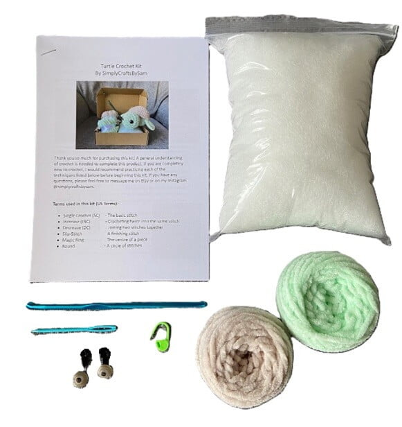 Everything included in a crochet turtle kit: pattern, stuffing, yarn, crochet hook, safety eyes, stitch marker Everything included in a crochet turtle kit: pattern, stuffing, yarn, crochet hook, safety eyes, stitch marker