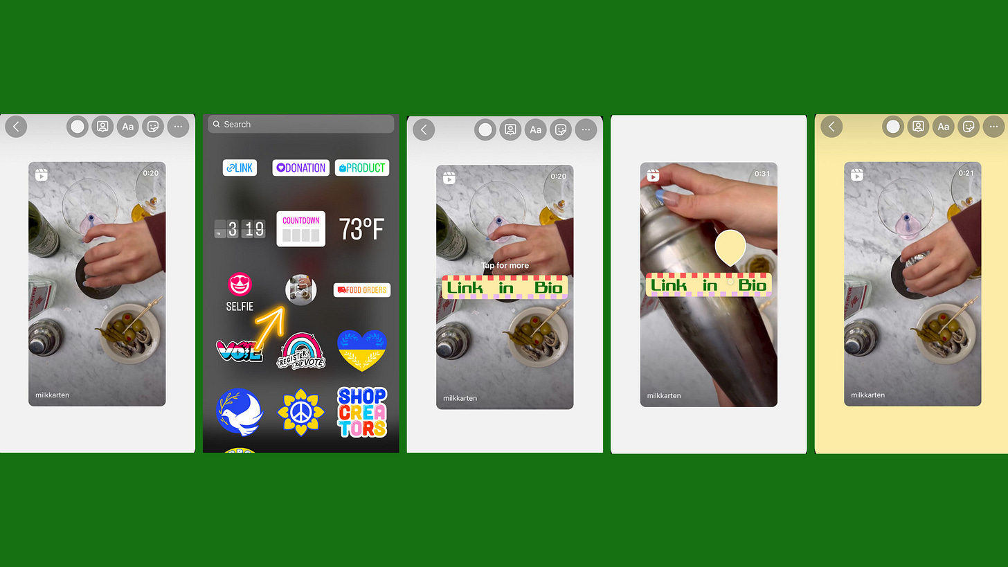 Screenshots explaining how to get a custom background color when sharing Reels to IG Stories
