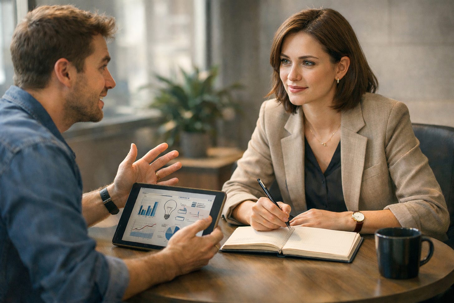 Young manager and team member having a one-on-one meeting in a modern office, discussing data and business strategy using a tablet with charts and a notebook labeled current priorities.